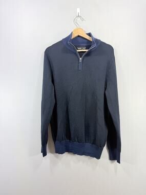 BONOBOS Merino Wool 1/4 Zip Sweater Blue Gray Herringbone Size Med